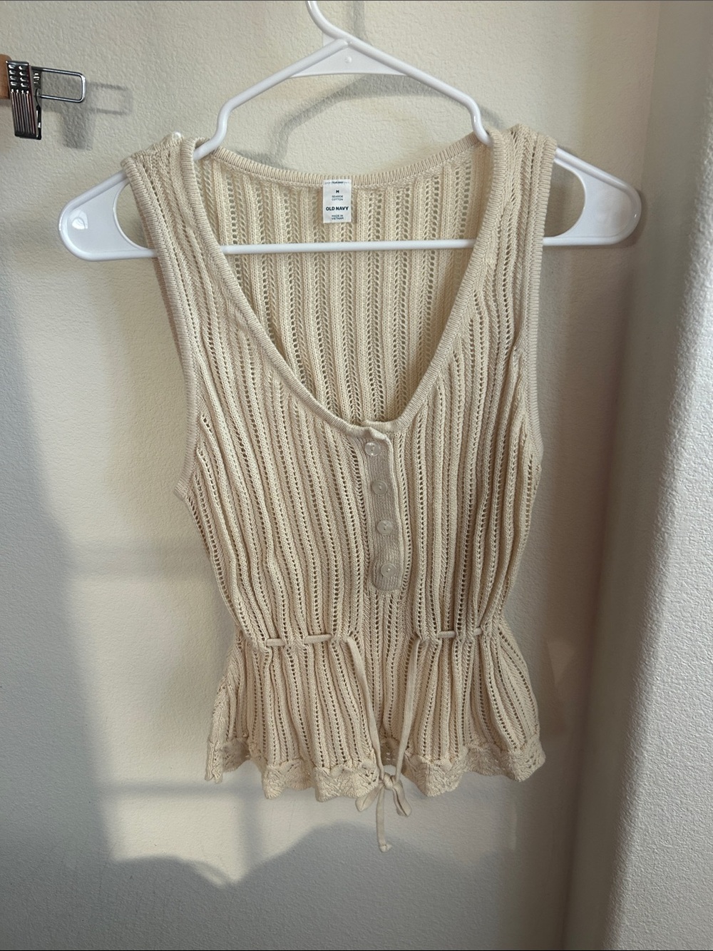 White House Black Market Cream Open-Knit Drawstring Tank